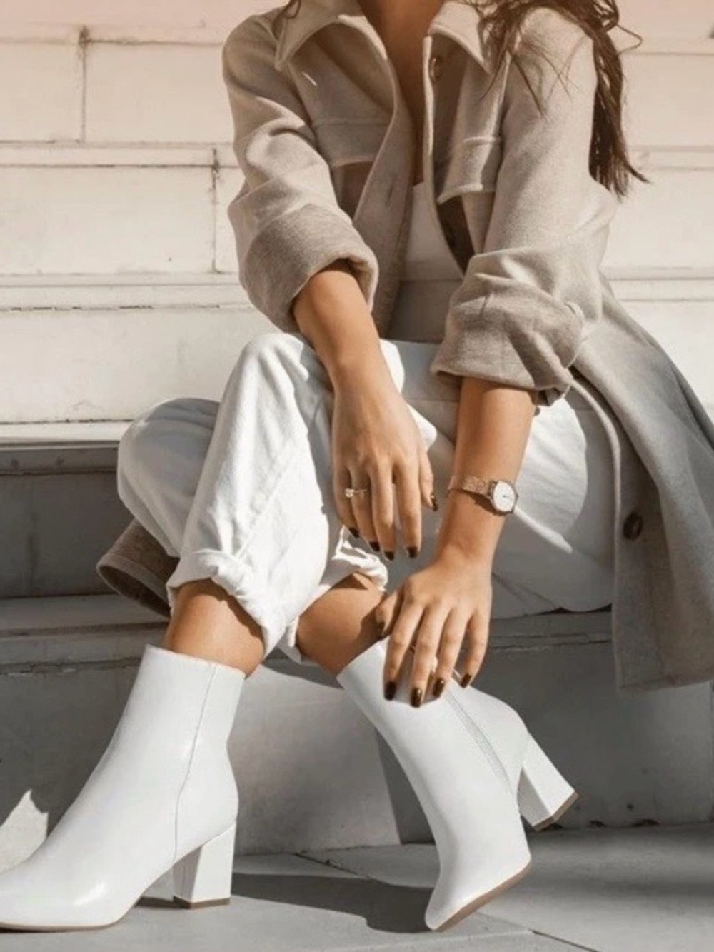 IDIFU White Aliza Ankle Block Heel Booties Minimalist Zip Up Size 8.5